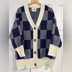 J.ING Navy & Gray Checkerboard Cardigan with Cream Trim size M/L